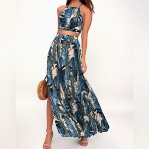 Lulu’s Teal Blue Leaf Print Two-Piece Maxi Dress - Size Small. Brand new.